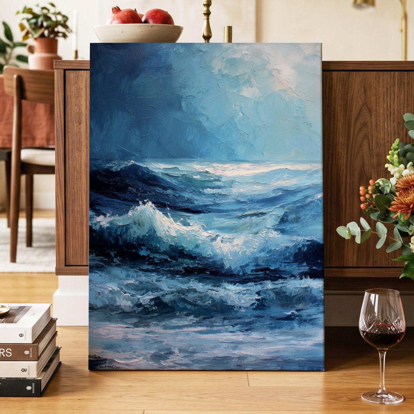 Tempest in Blue, blue, white, black nature wall art displayed in a styled interior, gallery view 7