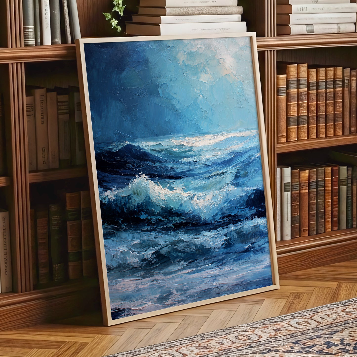 Tempest in Blue, blue, white, black nature wall art displayed in a styled interior, gallery view 9