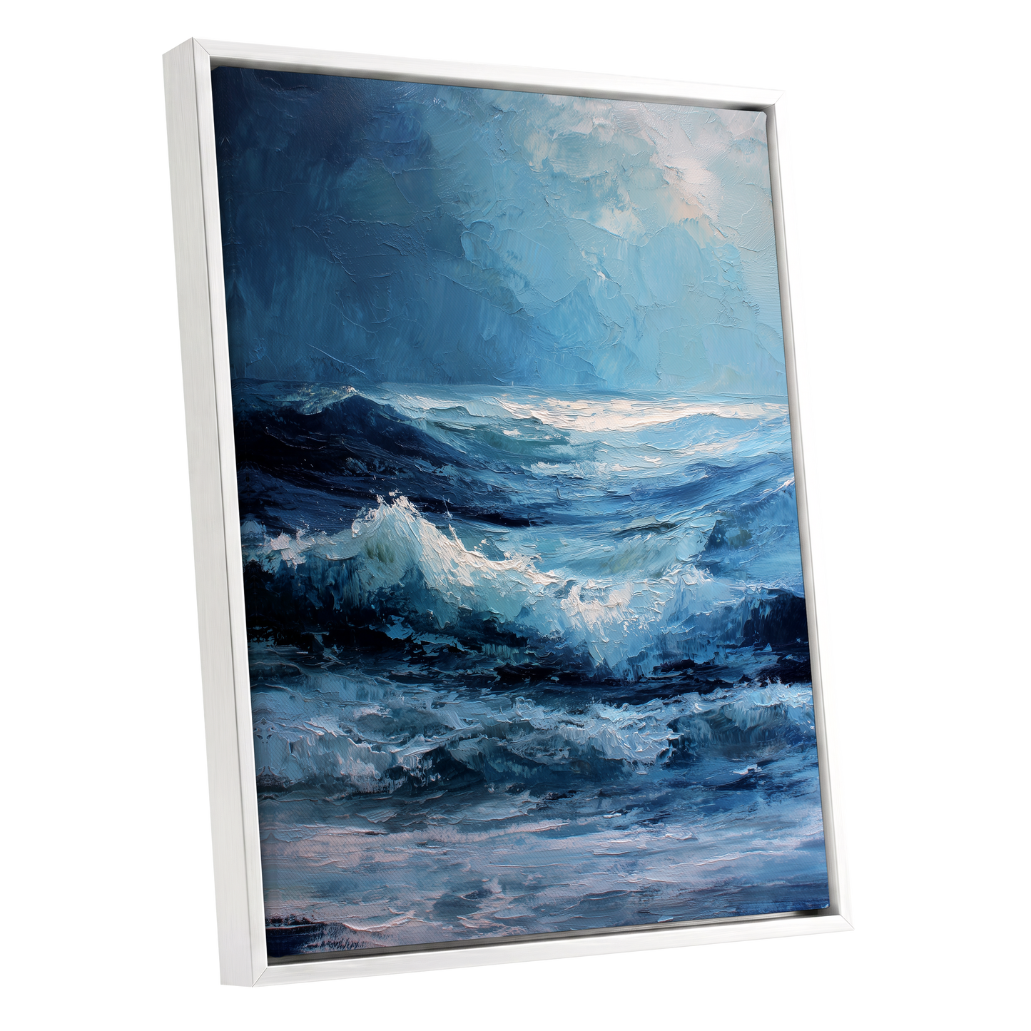 Tempest in Blue, blue, white, black nature wall art shown as a white framed canvas wall art