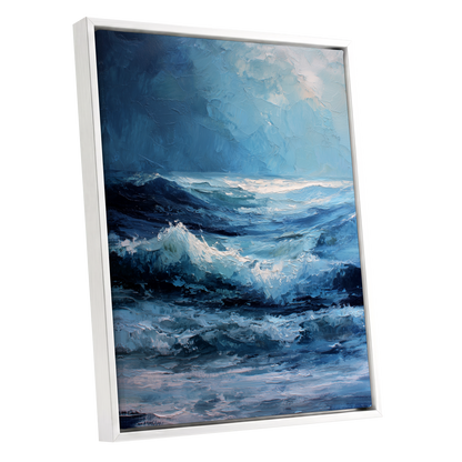Tempest in Blue, blue, white, black nature wall art shown as a white framed canvas wall art