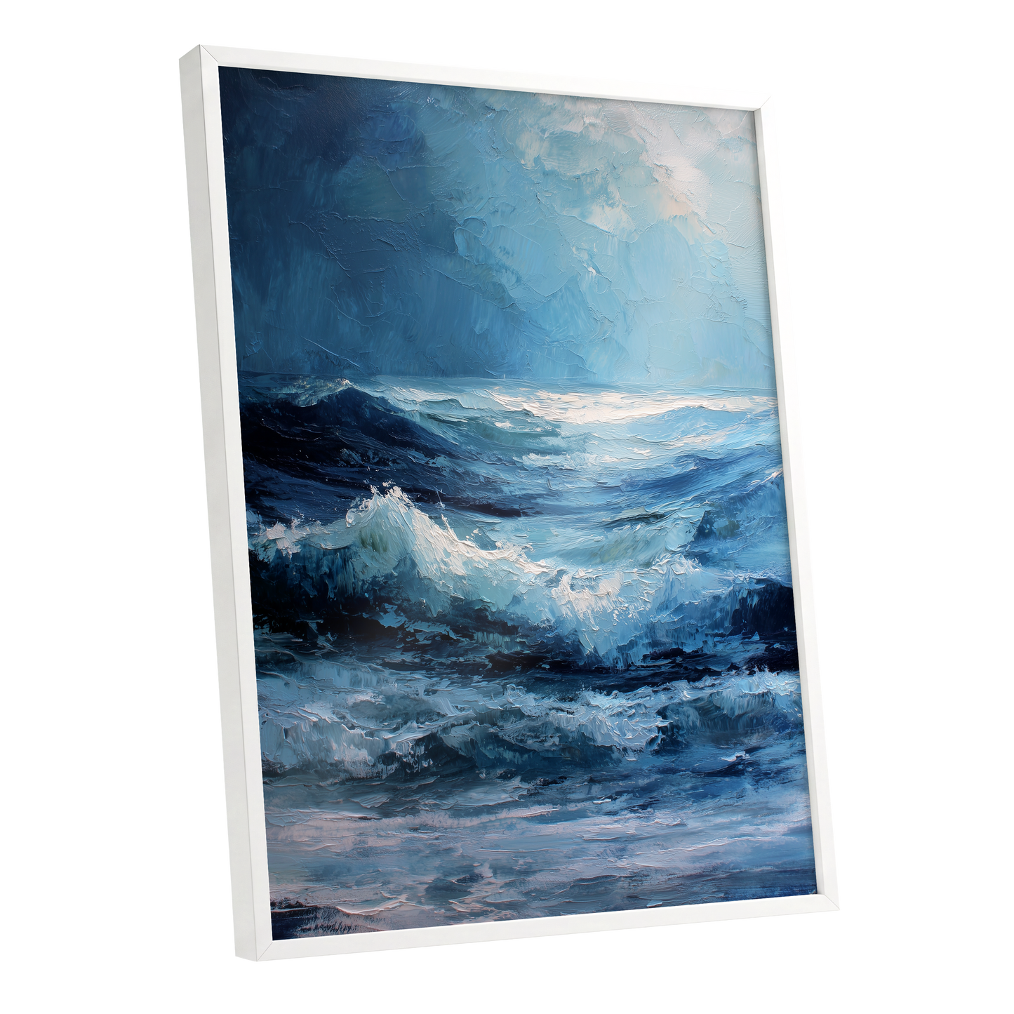 Tempest in Blue, blue, white, black nature wall art shown as a white framed poster wall art print