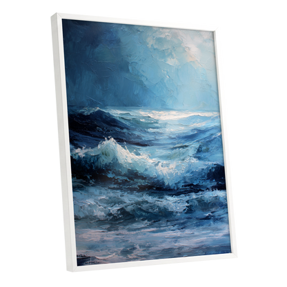 Tempest in Blue, blue, white, black nature wall art shown as a white framed poster wall art print