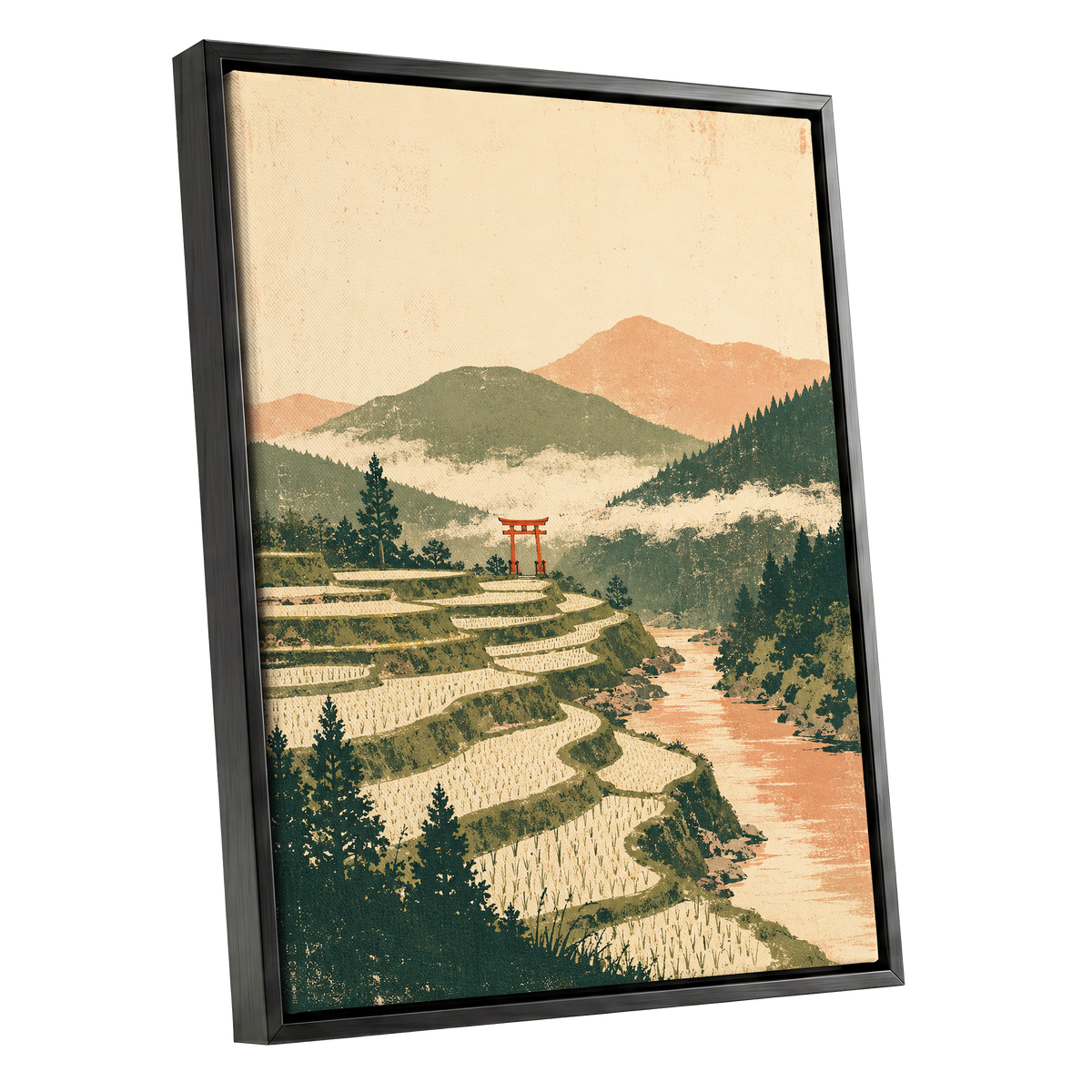 Terraced Stillness, green, beige, orange nature wall art shown as a black framed canvas wall art