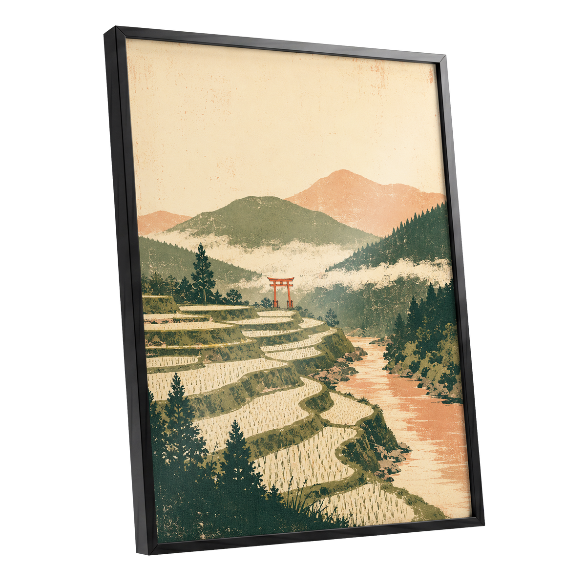 Terraced Stillness, green, beige, orange nature wall art shown as a black framed poster wall art print