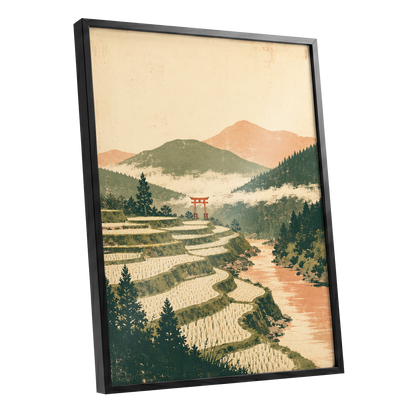 Terraced Stillness, green, beige, orange nature wall art shown as a black framed poster wall art print