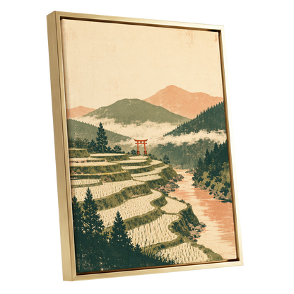 Terraced Stillness, green, beige, orange nature wall art shown as a gold framed canvas wall art