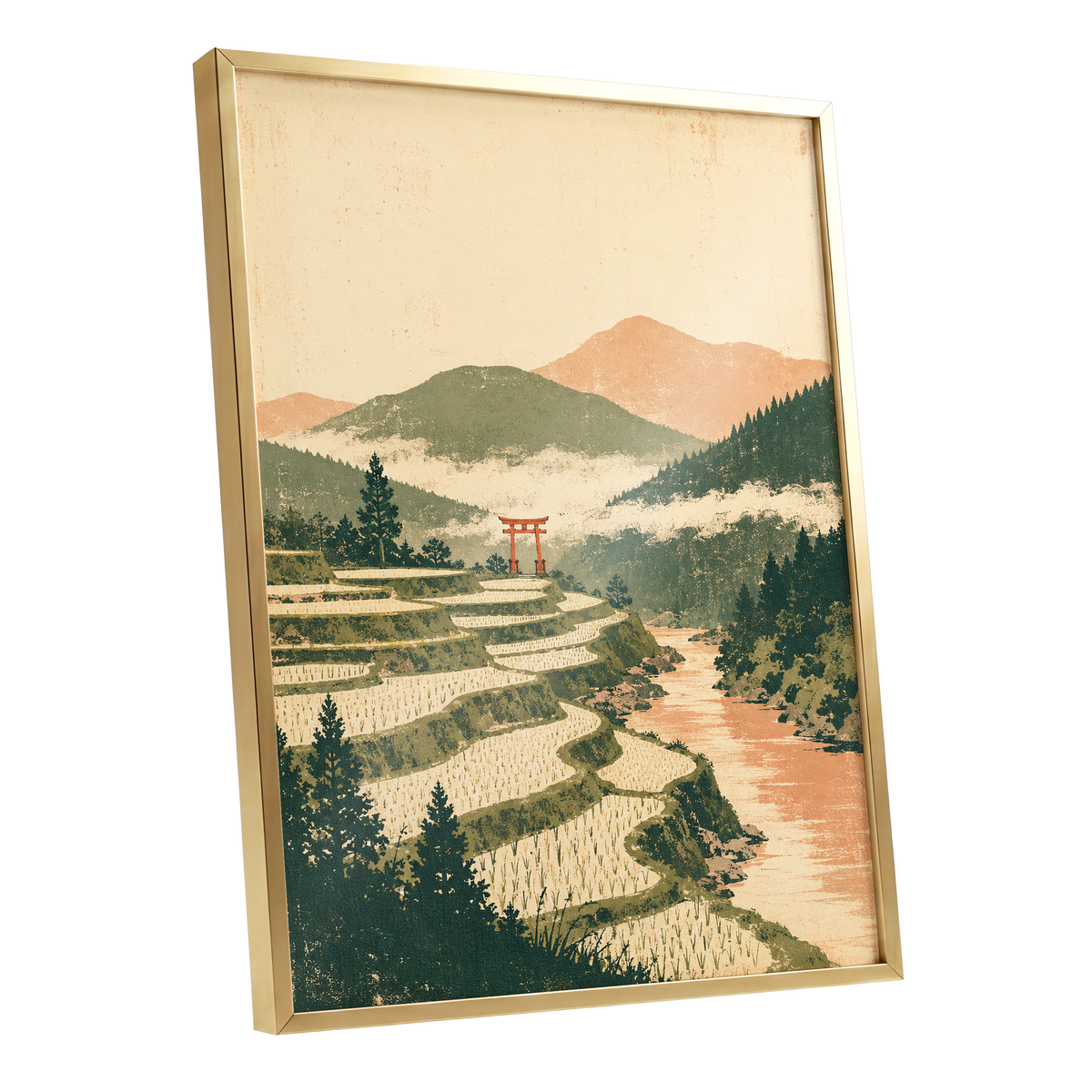 Terraced Stillness, green, beige, orange nature wall art shown as a gold framed poster wall art print
