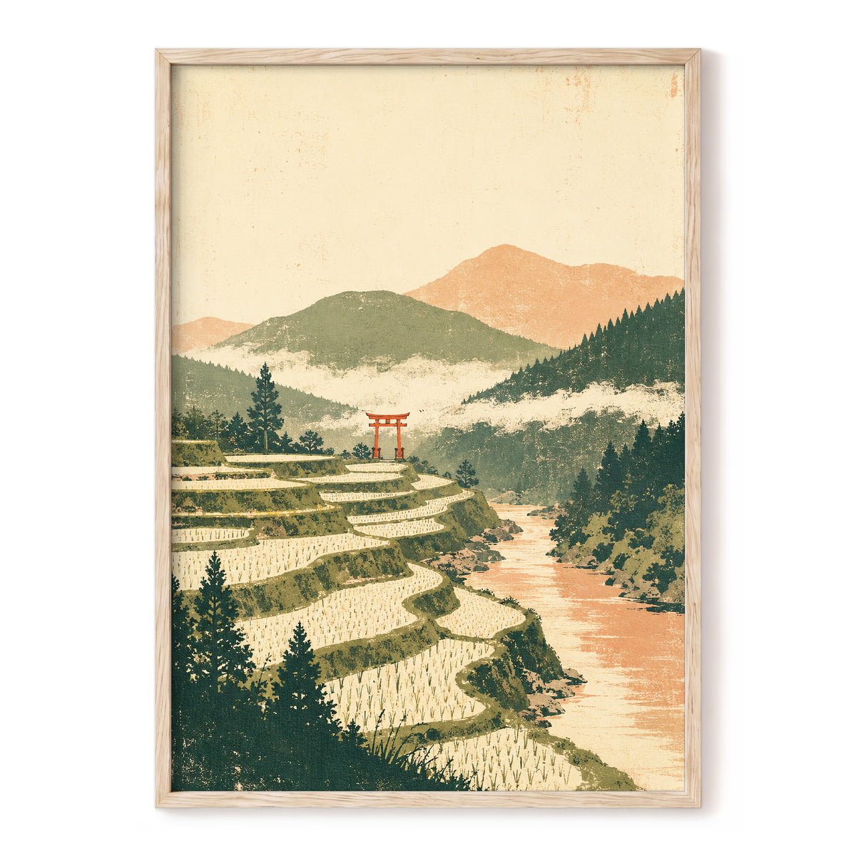 Terraced Stillness, green, beige, orange nature wall art, front artwork view