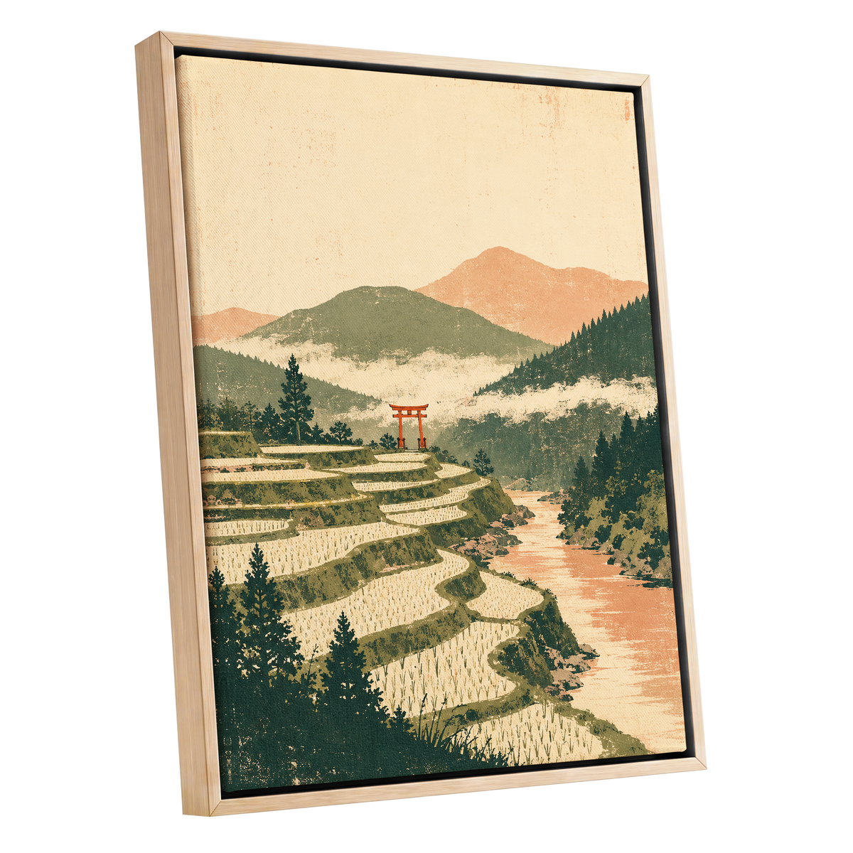 Terraced Stillness, green, beige, orange nature wall art shown as a oak framed canvas wall art