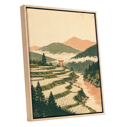 Terraced Stillness, green, beige, orange nature wall art shown as a oak framed canvas wall art