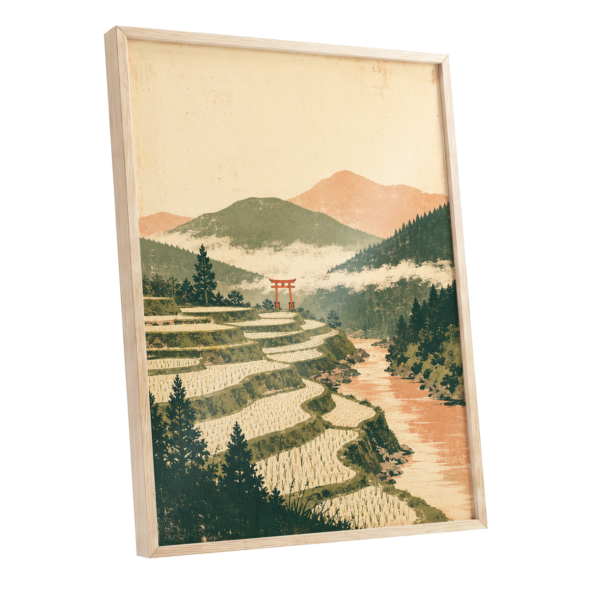 Terraced Stillness, green, beige, orange nature wall art shown as a oak framed poster wall art print