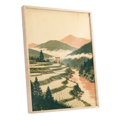 Terraced Stillness, green, beige, orange nature wall art shown as a oak framed poster wall art print