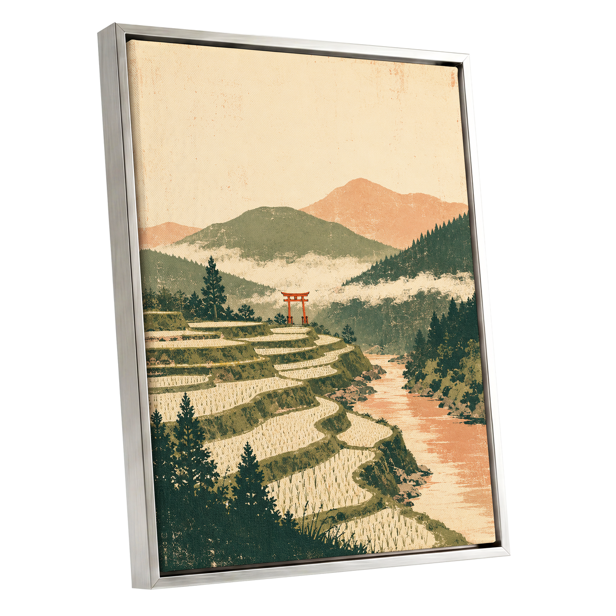 Terraced Stillness, green, beige, orange nature wall art shown as a silver framed canvas wall art