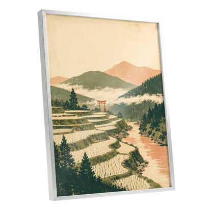 Terraced Stillness, green, beige, orange nature wall art shown as a silver framed poster wall art print