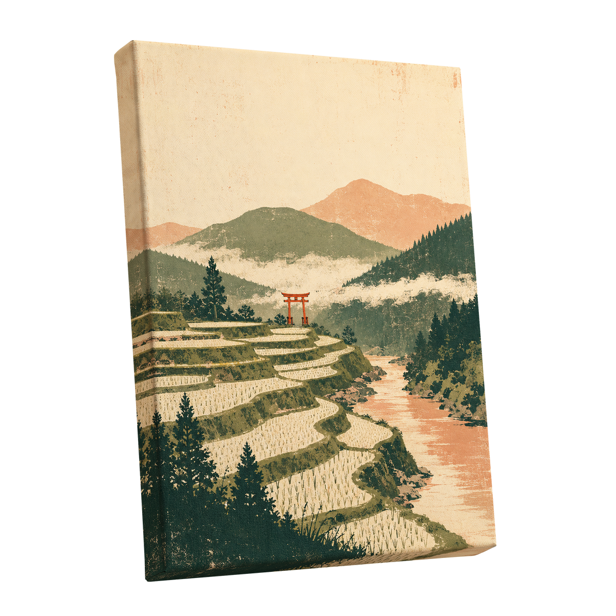 Terraced Stillness, green, beige, orange nature wall art shown as a stretched canvas wall art