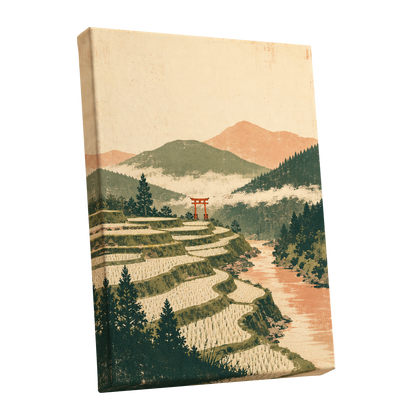 Terraced Stillness, green, beige, orange nature wall art shown as a stretched canvas wall art