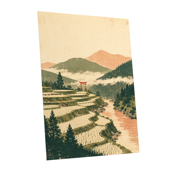 Terraced Stillness, green, beige, orange nature wall art shown as a unframed poster wall art print