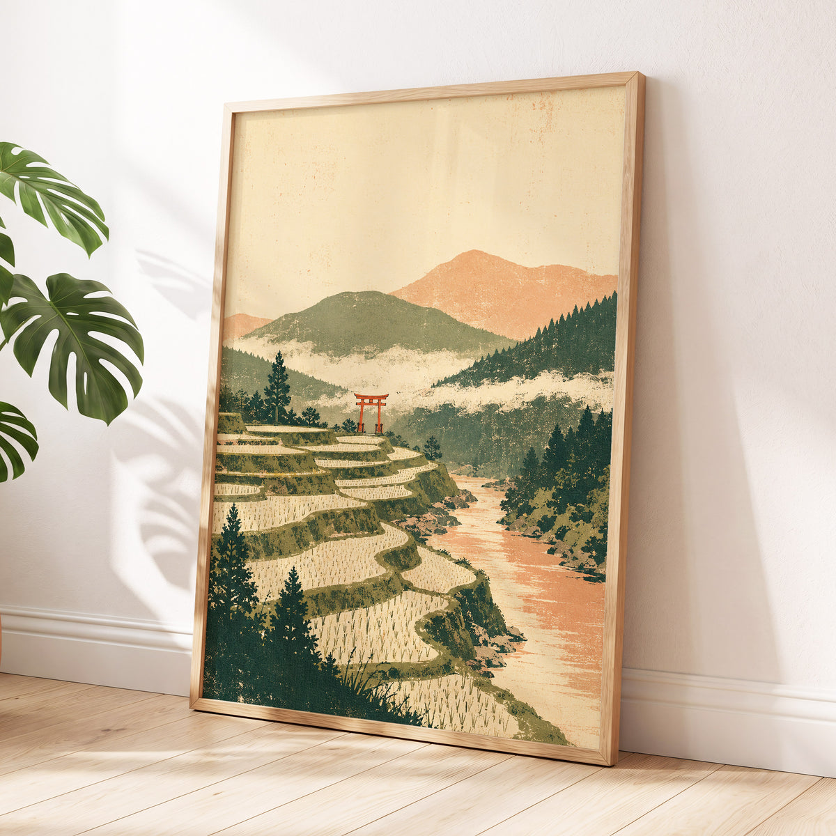 Terraced Stillness, green, beige, orange nature wall art displayed in a styled interior, gallery view 2