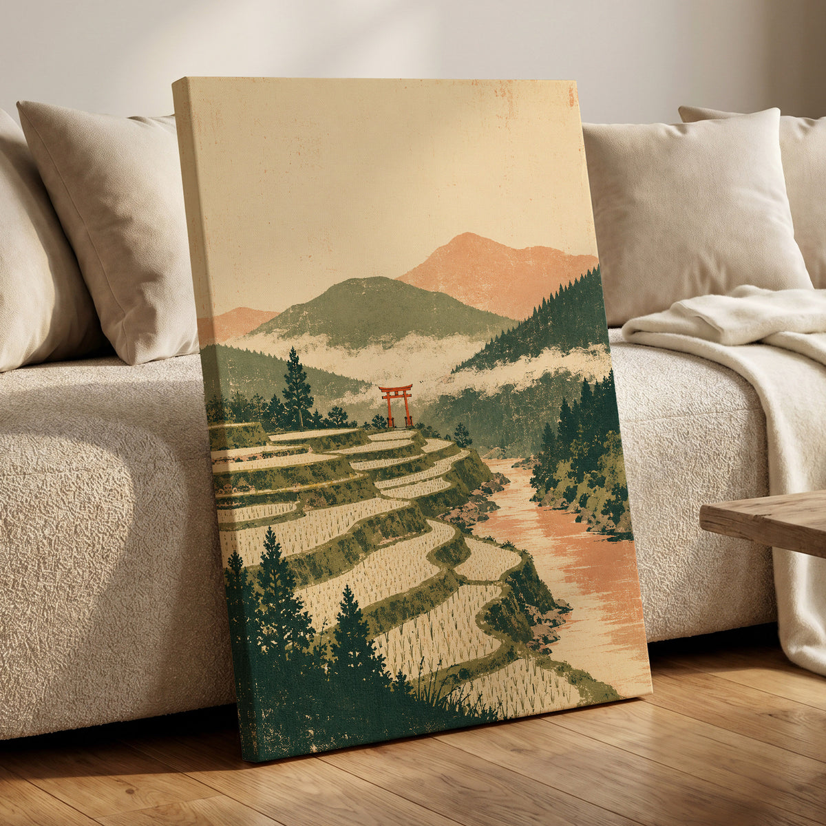 Terraced Stillness, green, beige, orange nature wall art displayed in a styled interior, gallery view 3