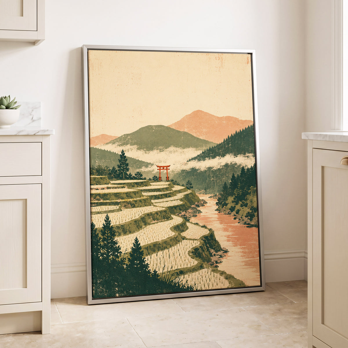 Terraced Stillness, green, beige, orange nature wall art displayed in a styled interior, gallery view 4