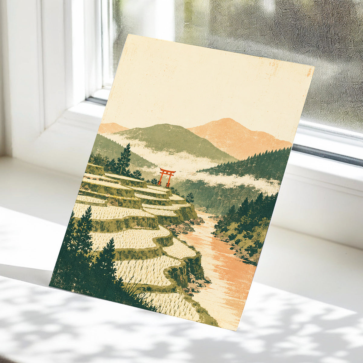 Terraced Stillness, green, beige, orange nature wall art displayed in a styled interior, gallery view 5