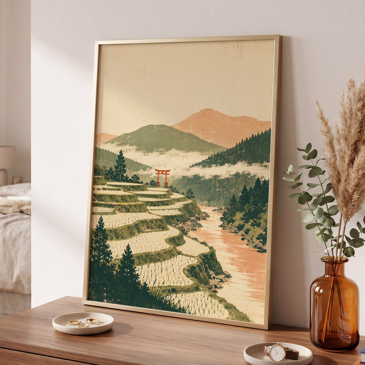 Terraced Stillness, green, beige, orange nature wall art displayed in a styled interior, gallery view 6
