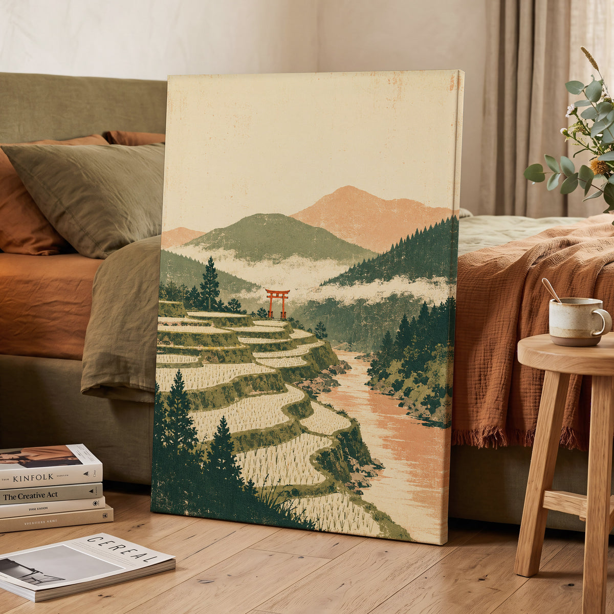 Terraced Stillness, green, beige, orange nature wall art displayed in a styled interior, gallery view 7