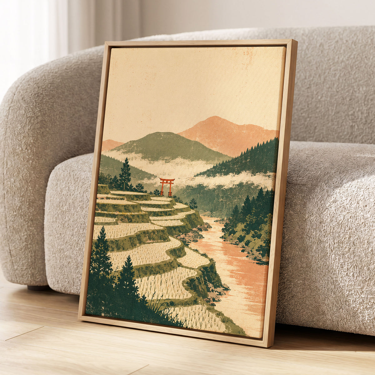 Terraced Stillness, green, beige, orange nature wall art displayed in a styled interior, gallery view 8