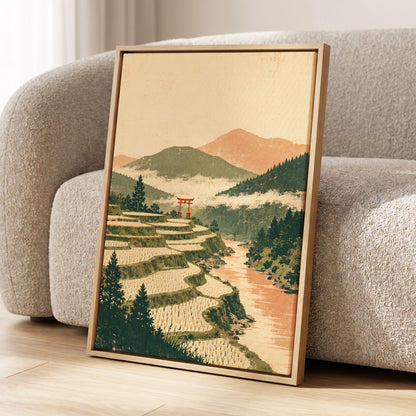 Terraced Stillness, green, beige, orange nature wall art displayed in a styled interior, gallery view 8