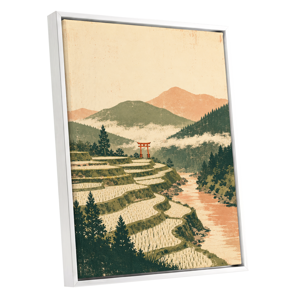Terraced Stillness, green, beige, orange nature wall art shown as a white framed canvas wall art