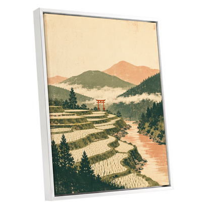 Terraced Stillness, green, beige, orange nature wall art shown as a white framed canvas wall art