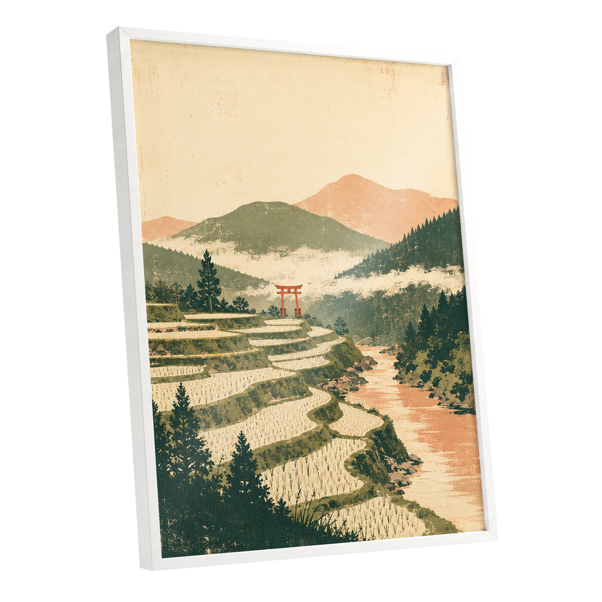 Terraced Stillness, green, beige, orange nature wall art shown as a white framed poster wall art print