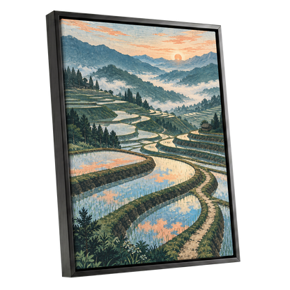 Terraces in Peach Light, blue, green, orange nature wall art shown as a black framed canvas wall art