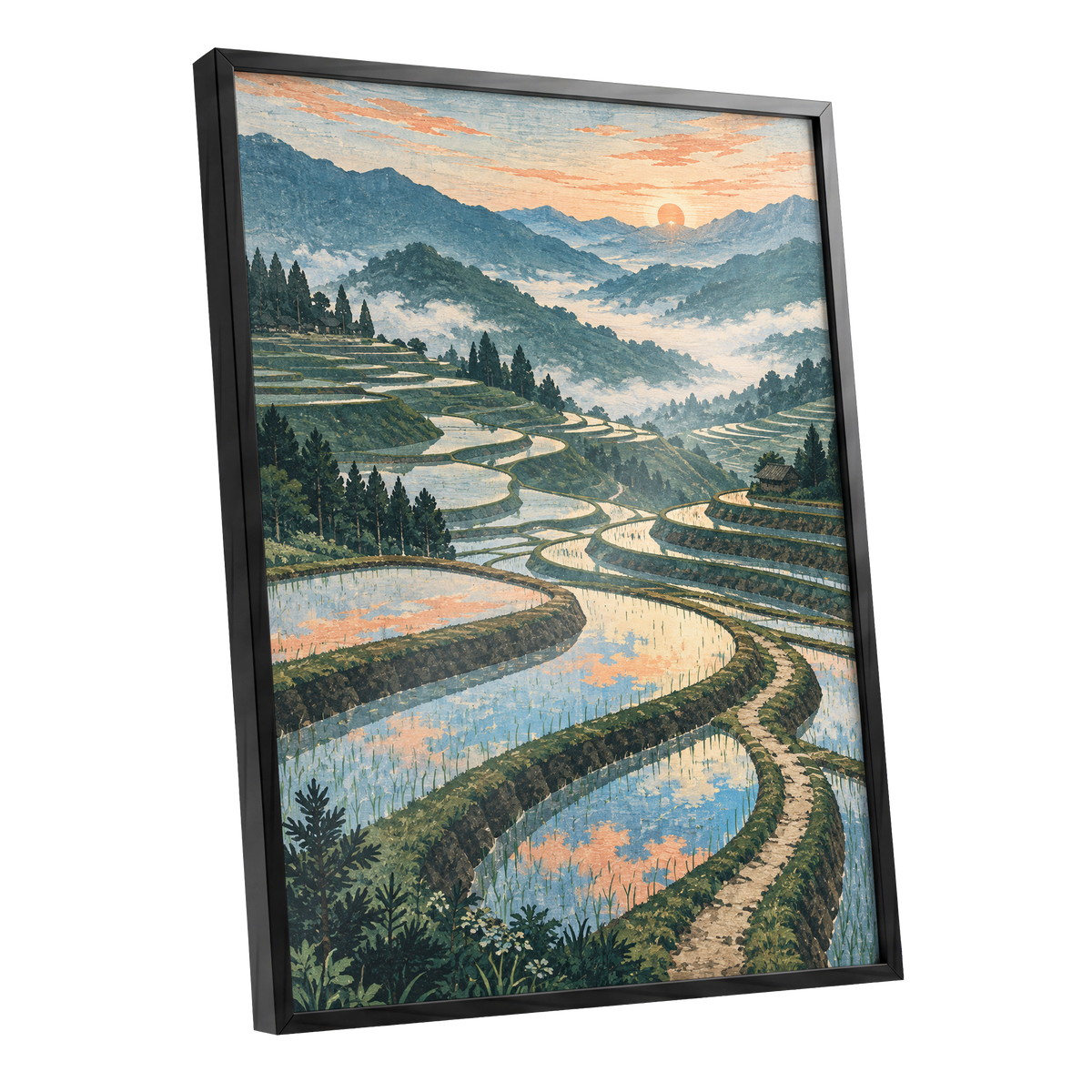 Terraces in Peach Light, blue, green, orange nature wall art shown as a black framed poster wall art print