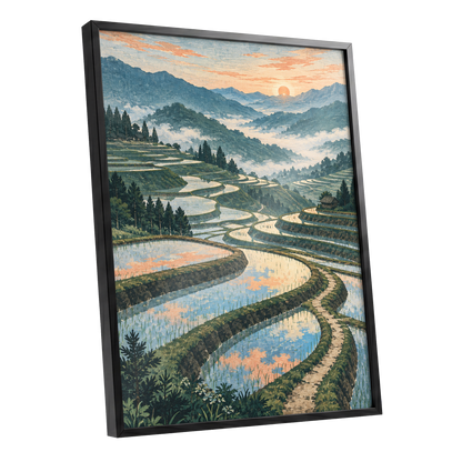 Terraces in Peach Light, blue, green, orange nature wall art shown as a black framed poster wall art print