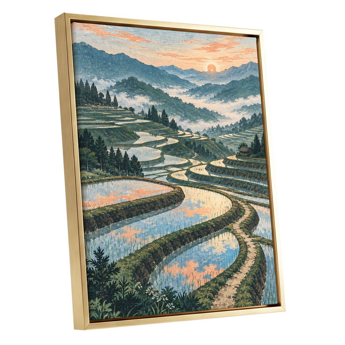 Terraces in Peach Light, blue, green, orange nature wall art shown as a gold framed canvas wall art