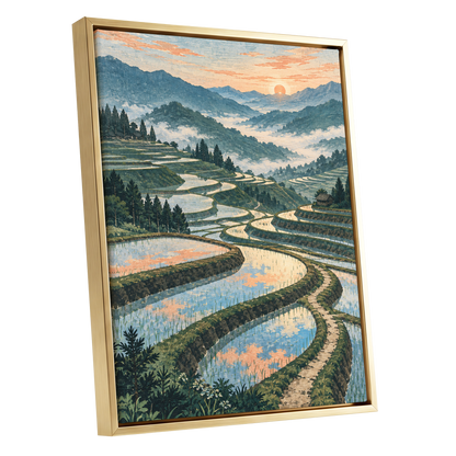 Terraces in Peach Light, blue, green, orange nature wall art shown as a gold framed canvas wall art