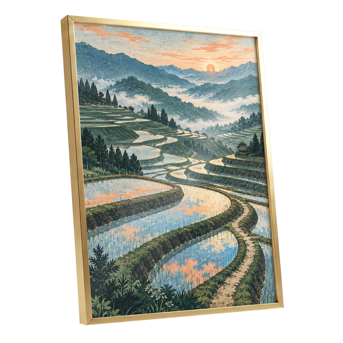 Terraces in Peach Light, blue, green, orange nature wall art shown as a gold framed poster wall art print