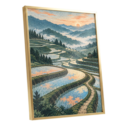 Terraces in Peach Light, blue, green, orange nature wall art shown as a gold framed poster wall art print