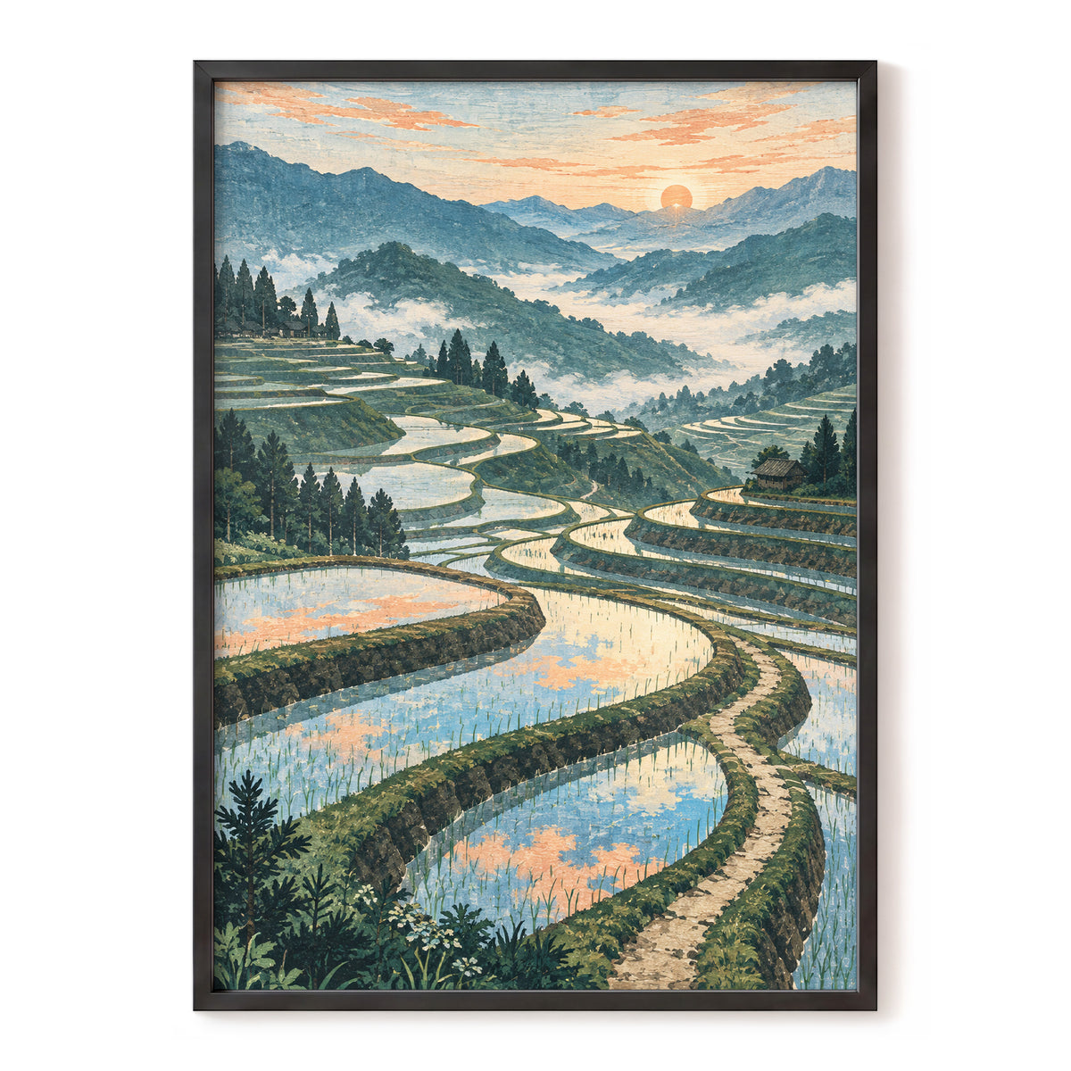 Terraces in Peach Light, blue, green, orange nature wall art, front artwork view