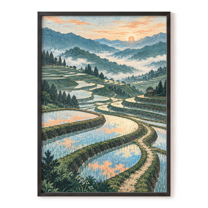 Terraces in Peach Light, blue, green, orange nature wall art, front artwork view