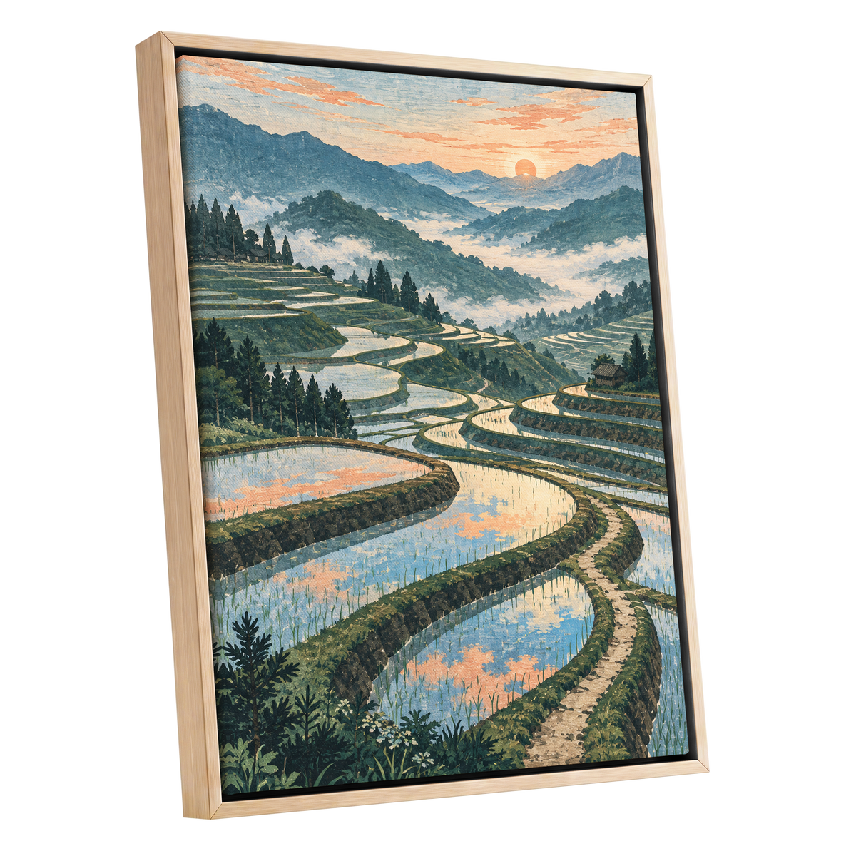 Terraces in Peach Light, blue, green, orange nature wall art shown as a oak framed canvas wall art