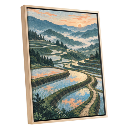 Terraces in Peach Light, blue, green, orange nature wall art shown as a oak framed canvas wall art