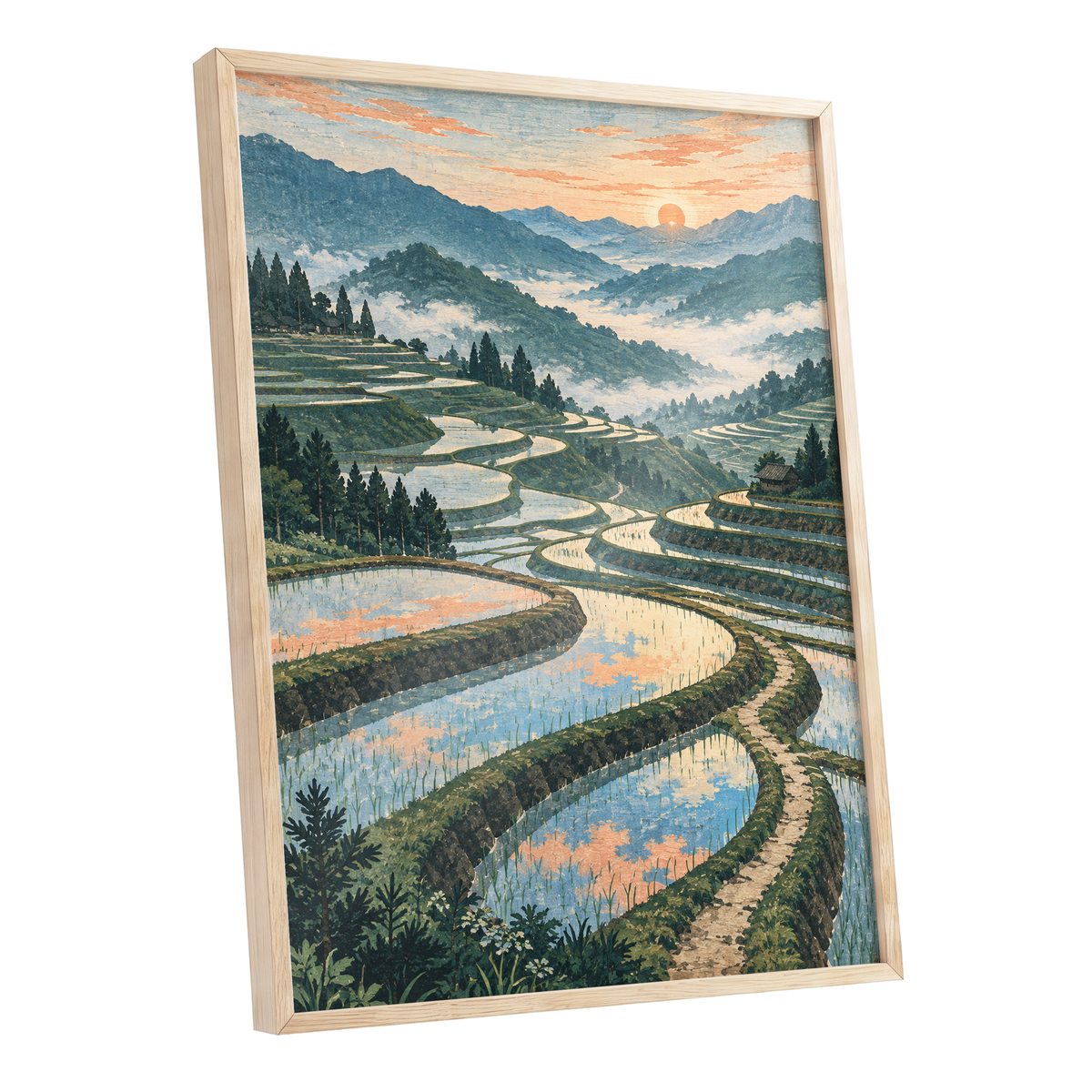 Terraces in Peach Light, blue, green, orange nature wall art shown as a oak framed poster wall art print
