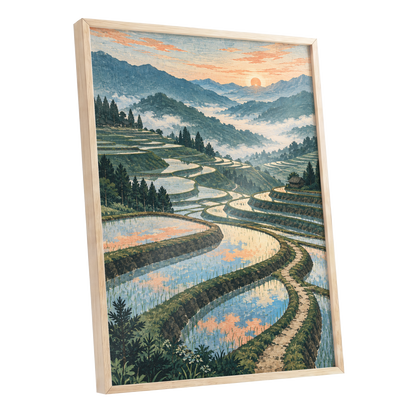 Terraces in Peach Light, blue, green, orange nature wall art shown as a oak framed poster wall art print