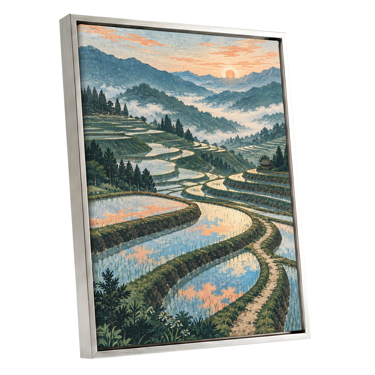 Terraces in Peach Light, blue, green, orange nature wall art shown as a silver framed canvas wall art