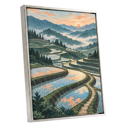 Terraces in Peach Light, blue, green, orange nature wall art shown as a silver framed canvas wall art
