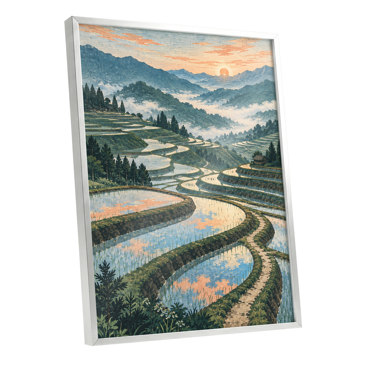 Terraces in Peach Light, blue, green, orange nature wall art shown as a silver framed poster wall art print