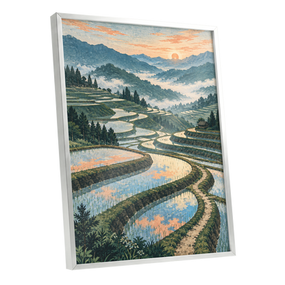 Terraces in Peach Light, blue, green, orange nature wall art shown as a silver framed poster wall art print