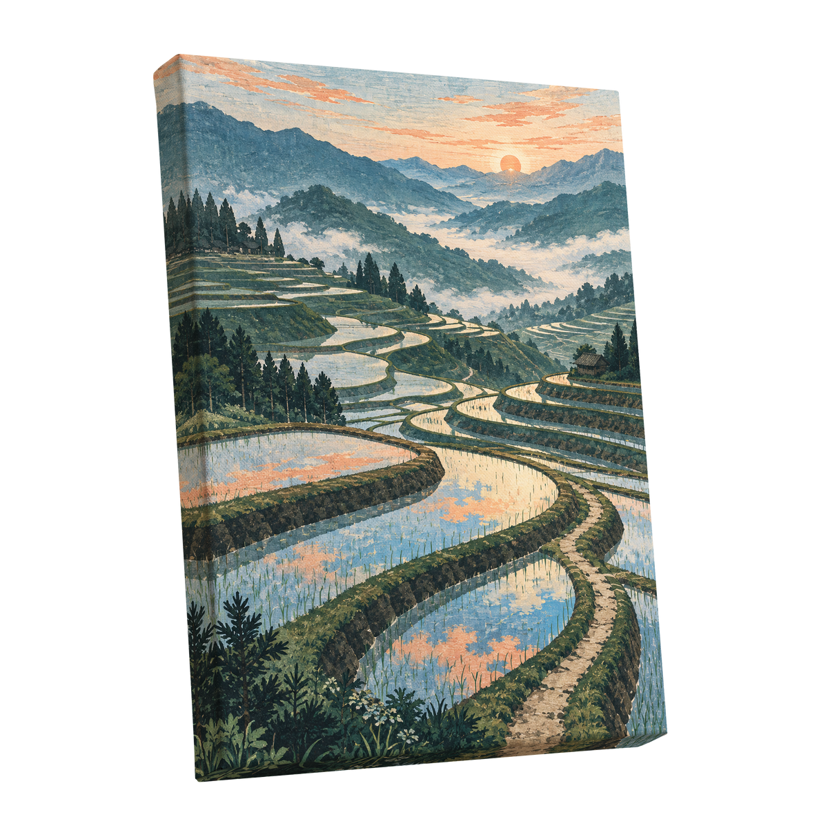 Terraces in Peach Light, blue, green, orange nature wall art shown as a stretched canvas wall art
